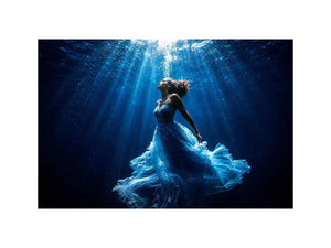 Luxury underwater woman canvas art with flowing blue dress for elegant modern bedroom or living room decor.