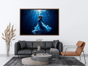 Luxury underwater woman canvas art with flowing blue dress for elegant modern bedroom or living room decor.