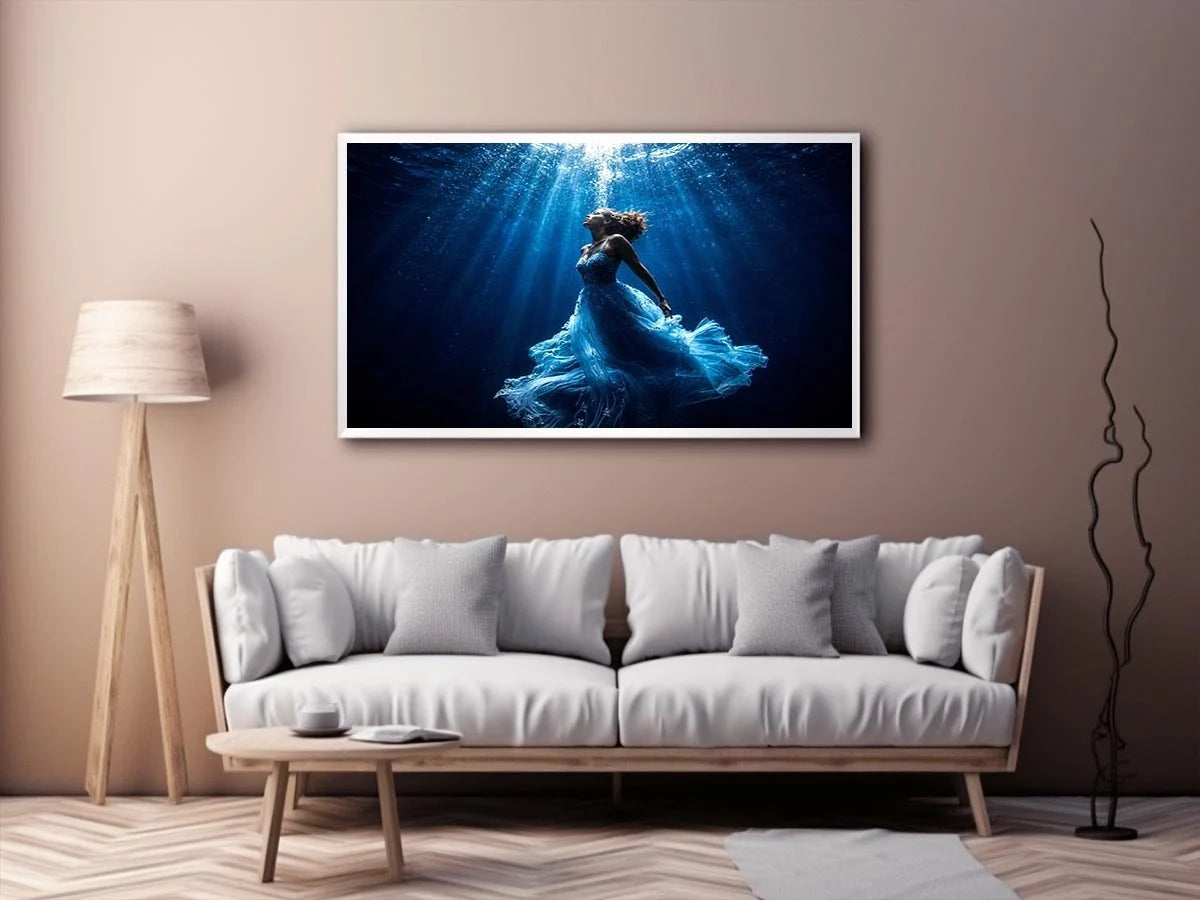 Luxury underwater woman canvas art with flowing blue dress for elegant modern bedroom or living room decor.