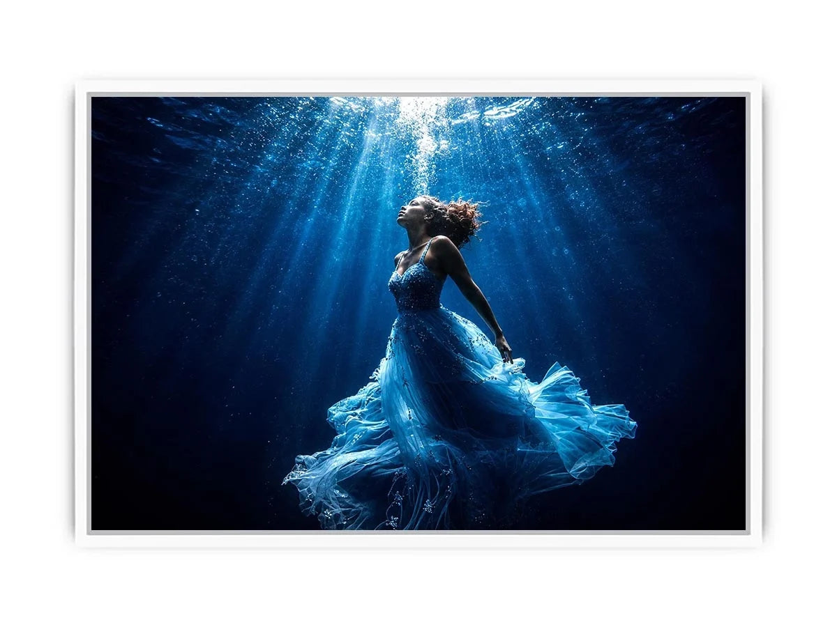 Luxury underwater woman canvas art with flowing blue dress for elegant modern bedroom or living room decor.