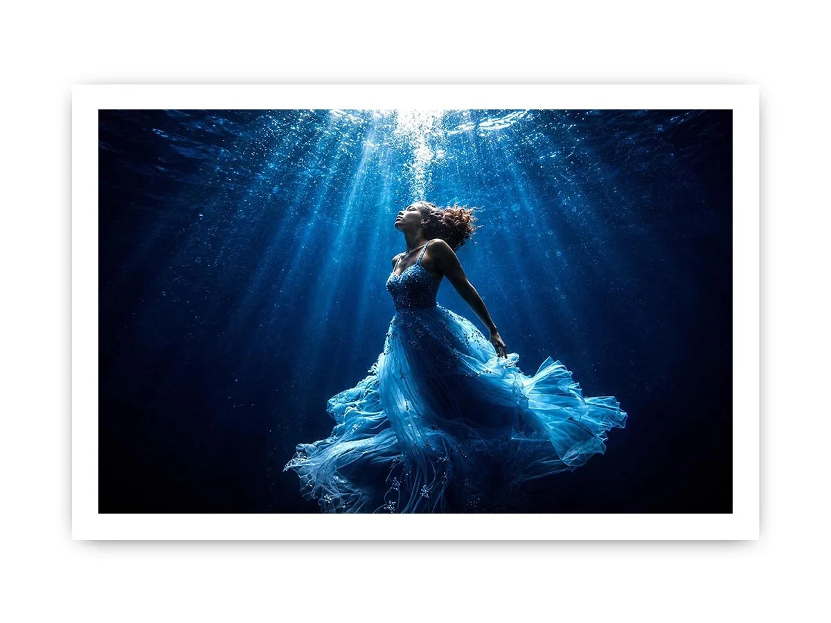 Luxury underwater woman canvas art with flowing blue dress for elegant modern bedroom or living room decor.