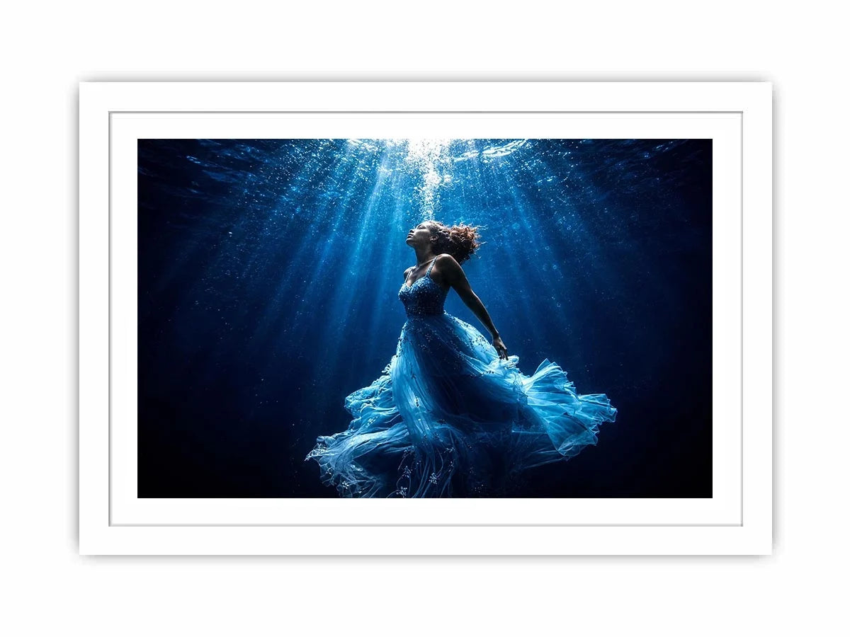 Luxury underwater woman canvas art with flowing blue dress for elegant modern bedroom or living room decor.