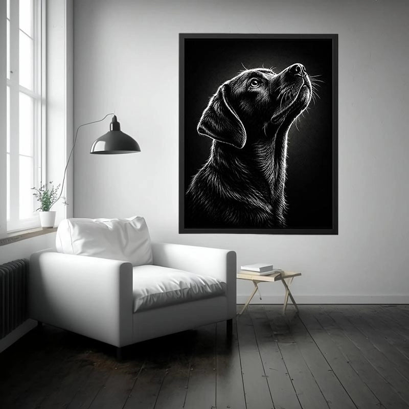Black and white Labrador portrait canvas art for modern living room and office decor.