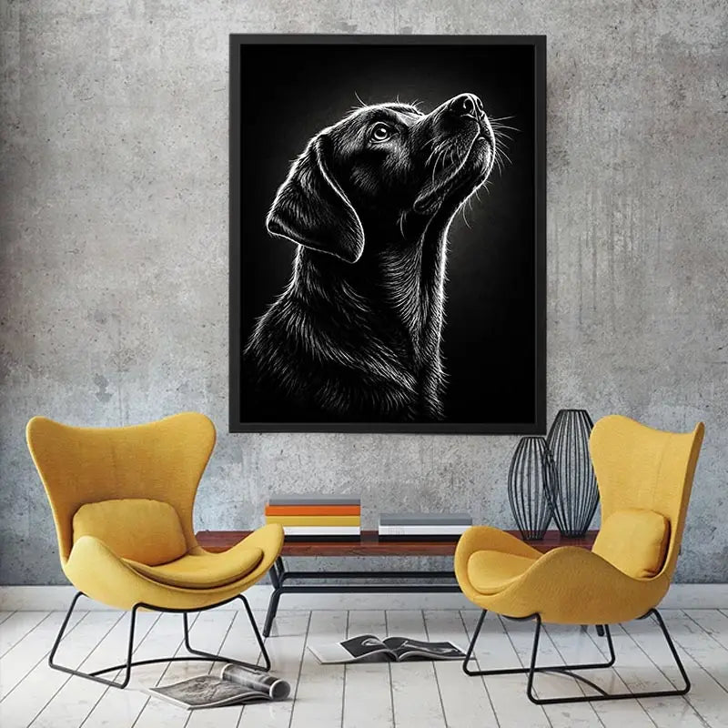 Black and white Labrador portrait canvas art for modern living room and office decor.