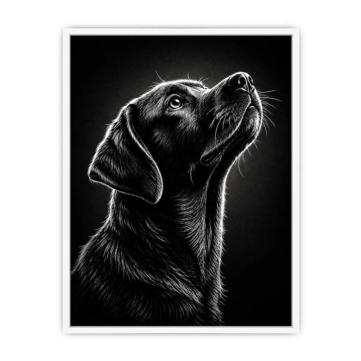 Black and white Labrador portrait canvas art for modern living room and office decor.