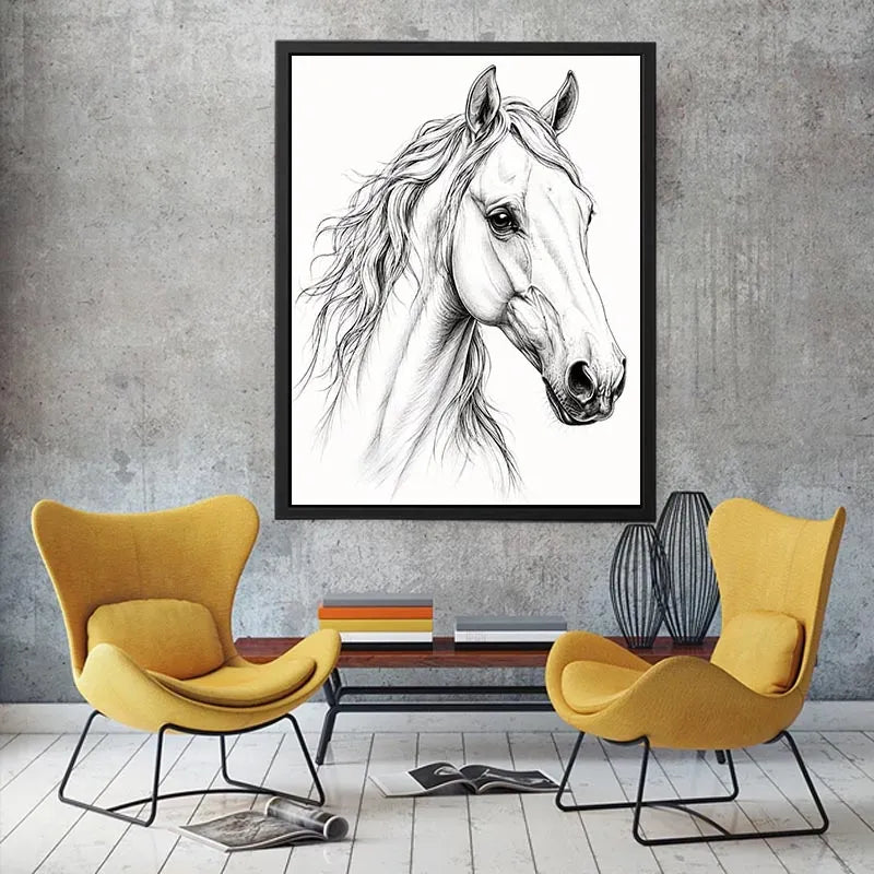 Minimalist horse line art canvas print for elegant modern bedroom and office decor.