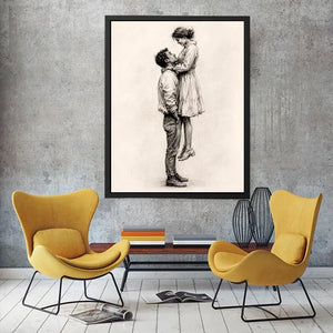 Minimalist romantic couple sketch canvas art for elegant bedroom and modern living room decor.