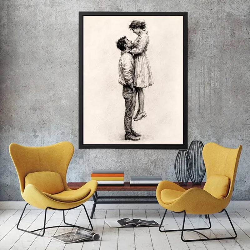 Minimalist romantic couple sketch canvas art for elegant bedroom and modern living room decor.