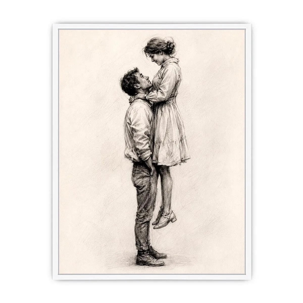 Minimalist romantic couple sketch canvas art for elegant bedroom and modern living room decor.