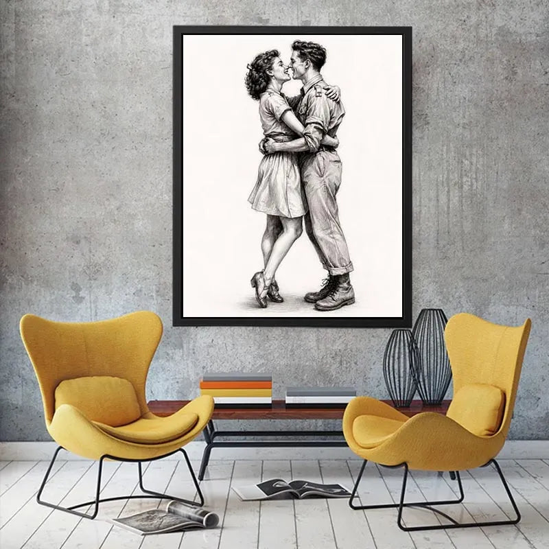 Vintage romantic couple sketch canvas art for elegant bedroom and modern living room decor.