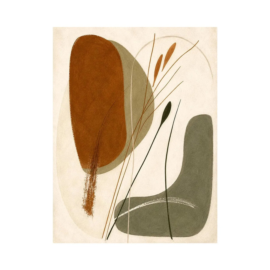 Earthy botanical abstract canvas art for Japandi living room and modern bedroom decor.