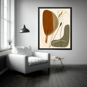 Earthy botanical abstract canvas art for Japandi living room and modern bedroom decor.