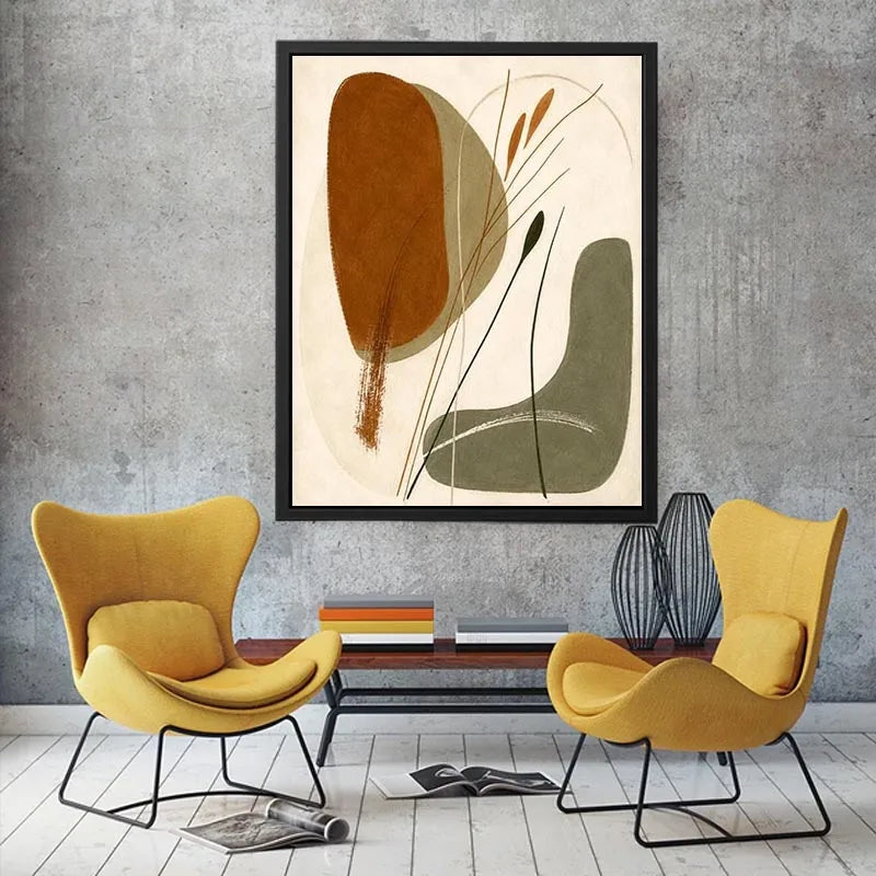 Earthy botanical abstract canvas art for Japandi living room and modern bedroom decor.