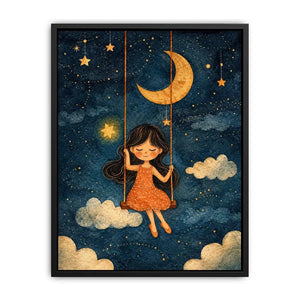 Moonlit girl nursery canvas art with stars and clouds for whimsical kids bedroom decor.