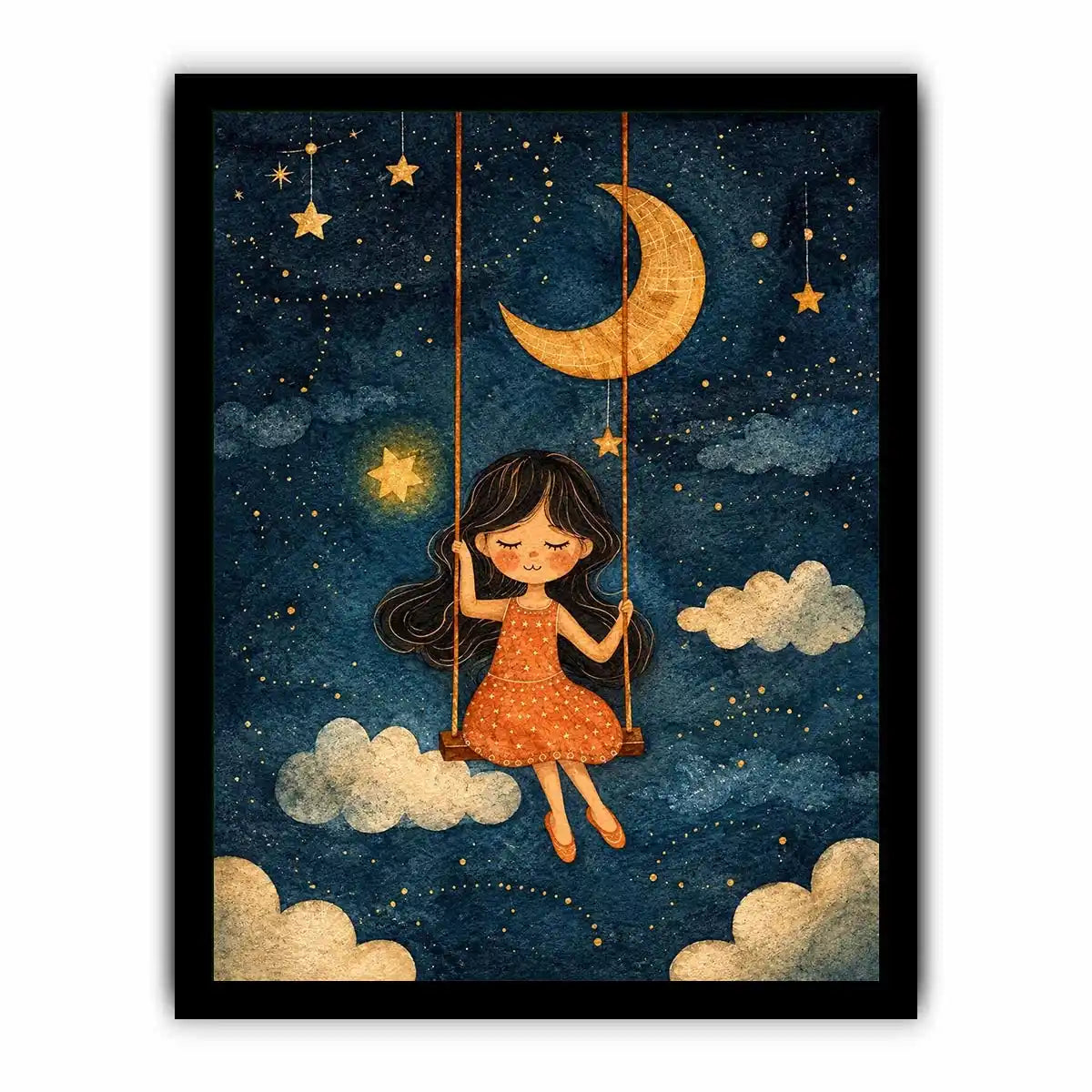 Moonlit girl nursery canvas art with stars and clouds for whimsical kids bedroom decor.