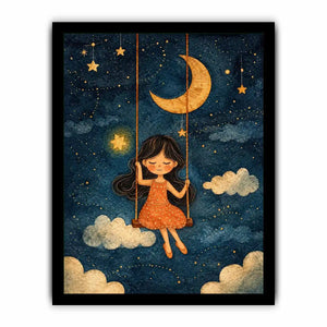 Moonlit girl nursery canvas art with stars and clouds for whimsical kids bedroom decor.