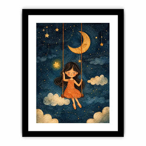 Moonlit girl nursery canvas art with stars and clouds for whimsical kids bedroom decor.