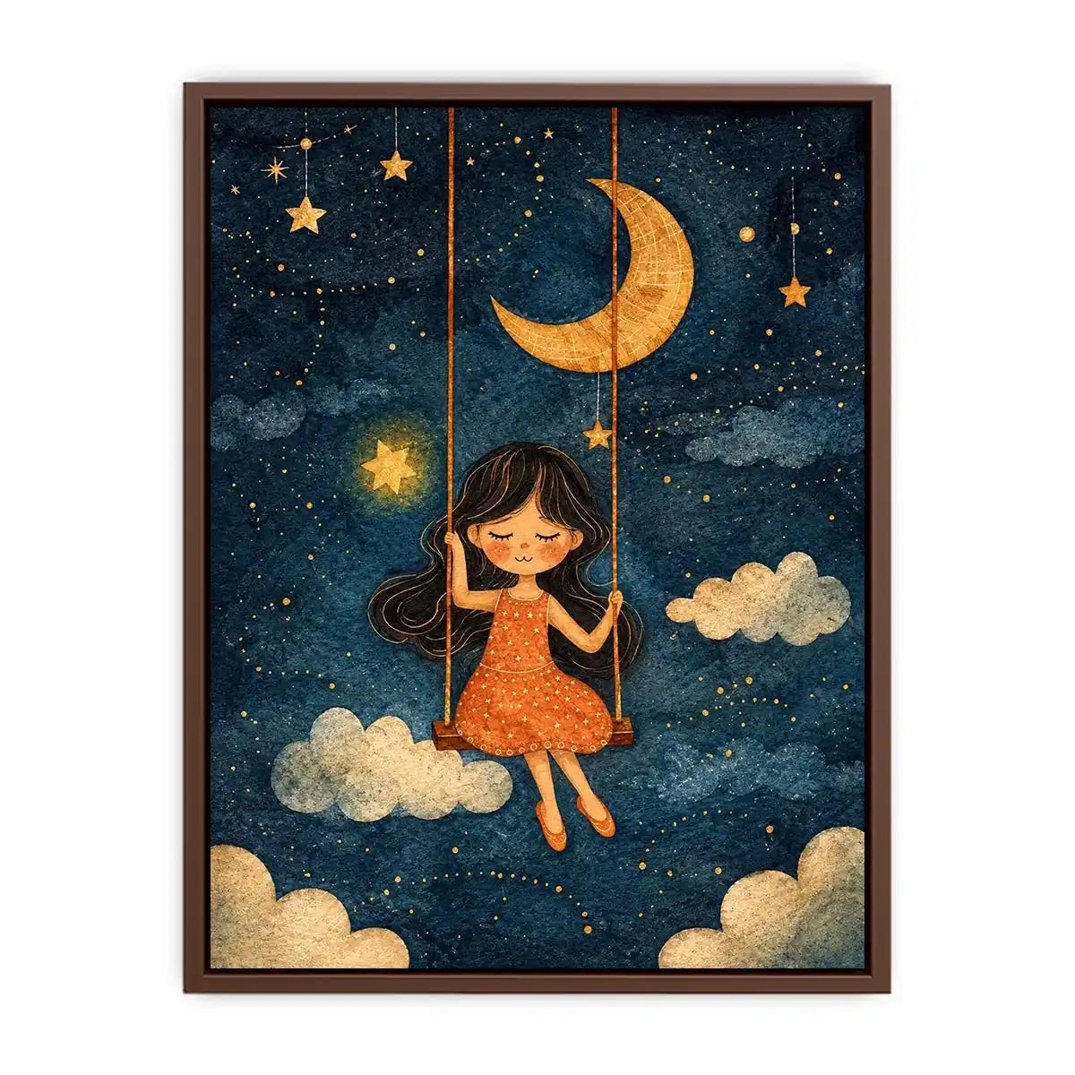 Moonlit girl nursery canvas art with stars and clouds for whimsical kids bedroom decor.
