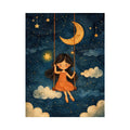 Moonlit girl nursery canvas art with stars and clouds for whimsical kids bedroom decor.