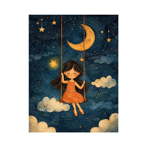 Moonlit girl nursery canvas art with stars and clouds for whimsical kids bedroom decor.