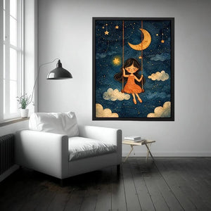 Moonlit girl nursery canvas art with stars and clouds for whimsical kids bedroom decor.