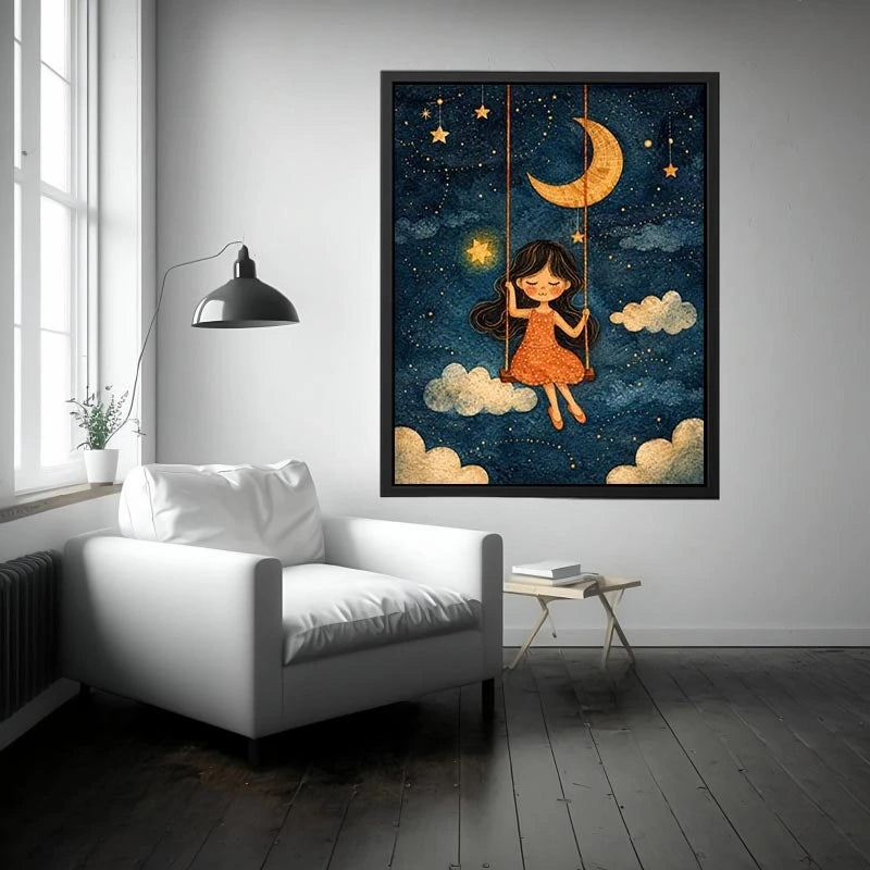 Moonlit girl nursery canvas art with stars and clouds for whimsical kids bedroom decor.