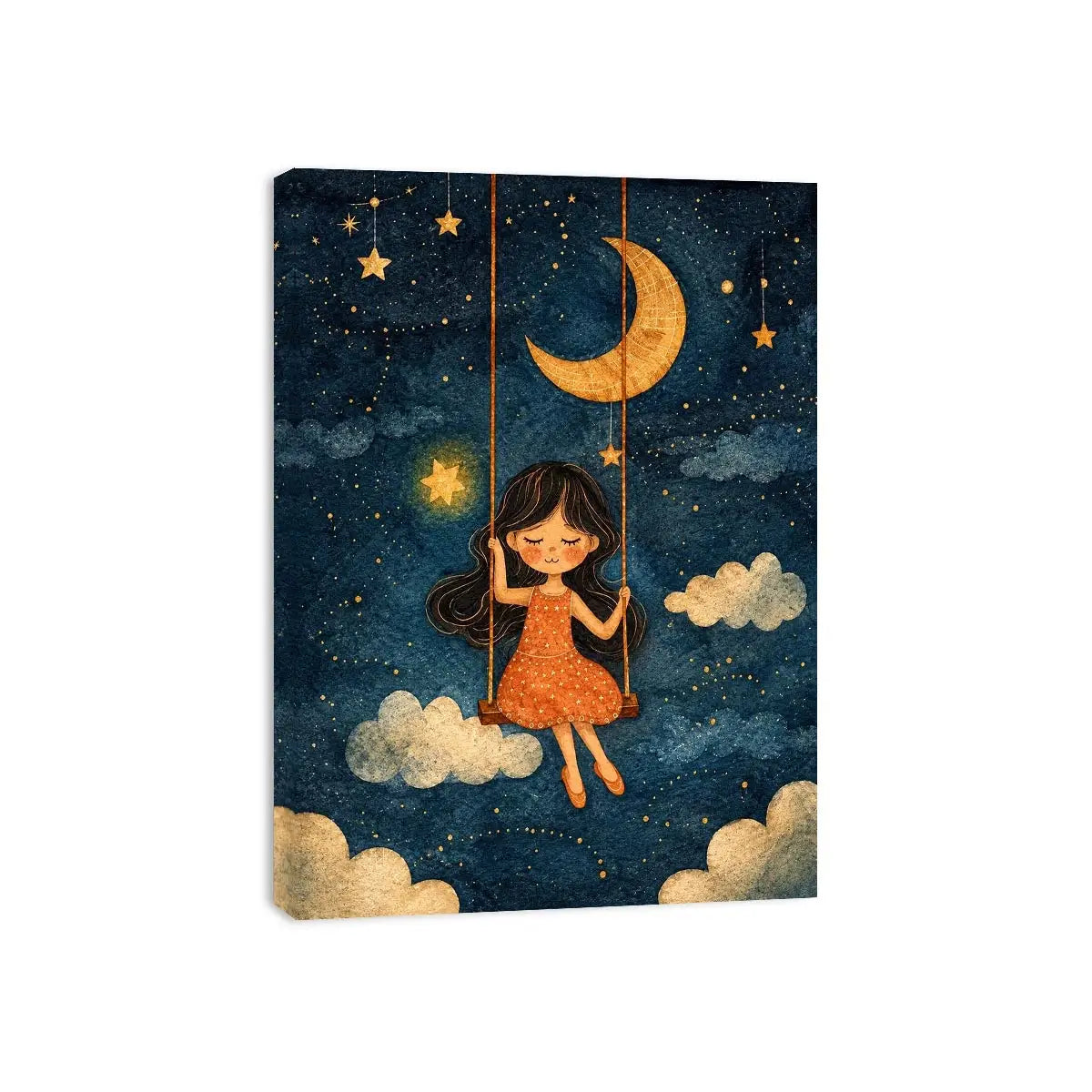 Moonlit girl nursery canvas art with stars and clouds for whimsical kids bedroom decor.