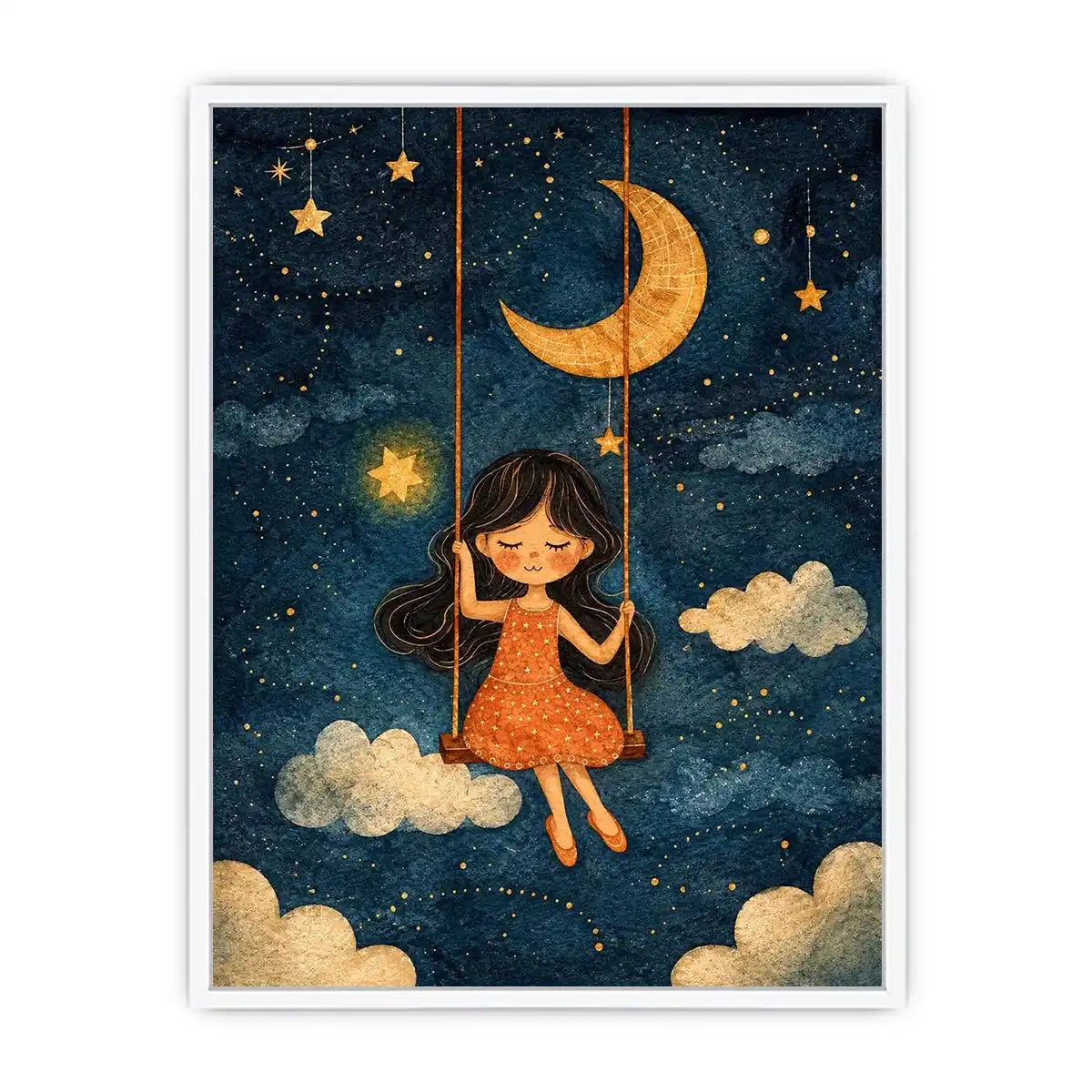 Moonlit girl nursery canvas art with stars and clouds for whimsical kids bedroom decor.