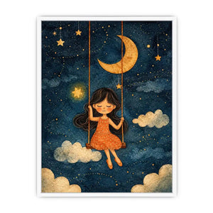 Moonlit girl nursery canvas art with stars and clouds for whimsical kids bedroom decor.