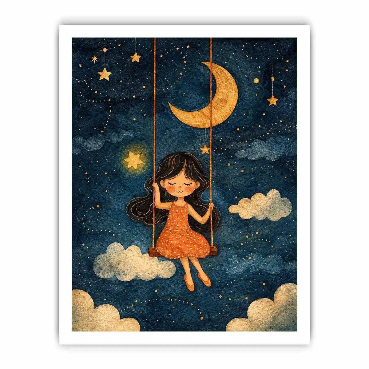 Moonlit girl nursery canvas art with stars and clouds for whimsical kids bedroom decor.