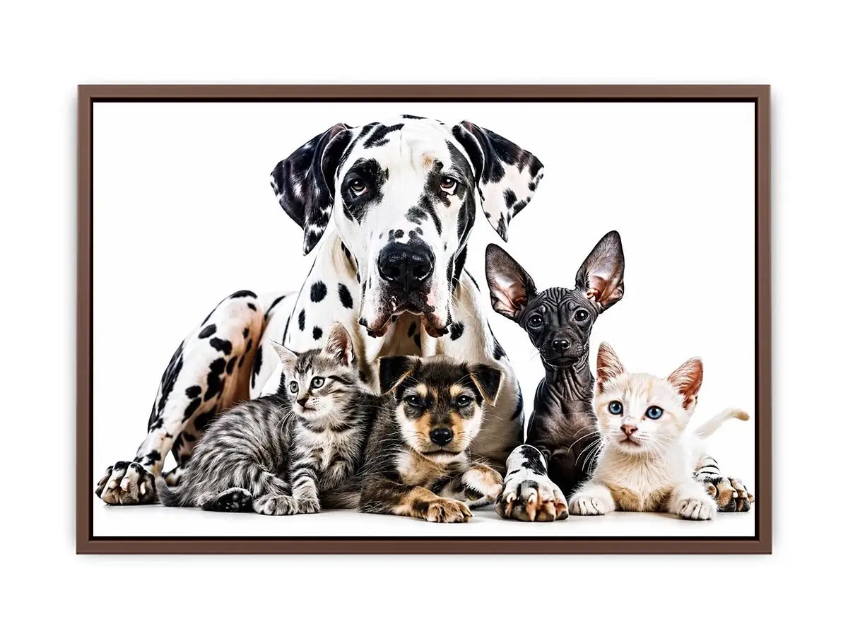 Modern pet canvas art with Great Dane, puppies, and kittens for stylish living room decor.