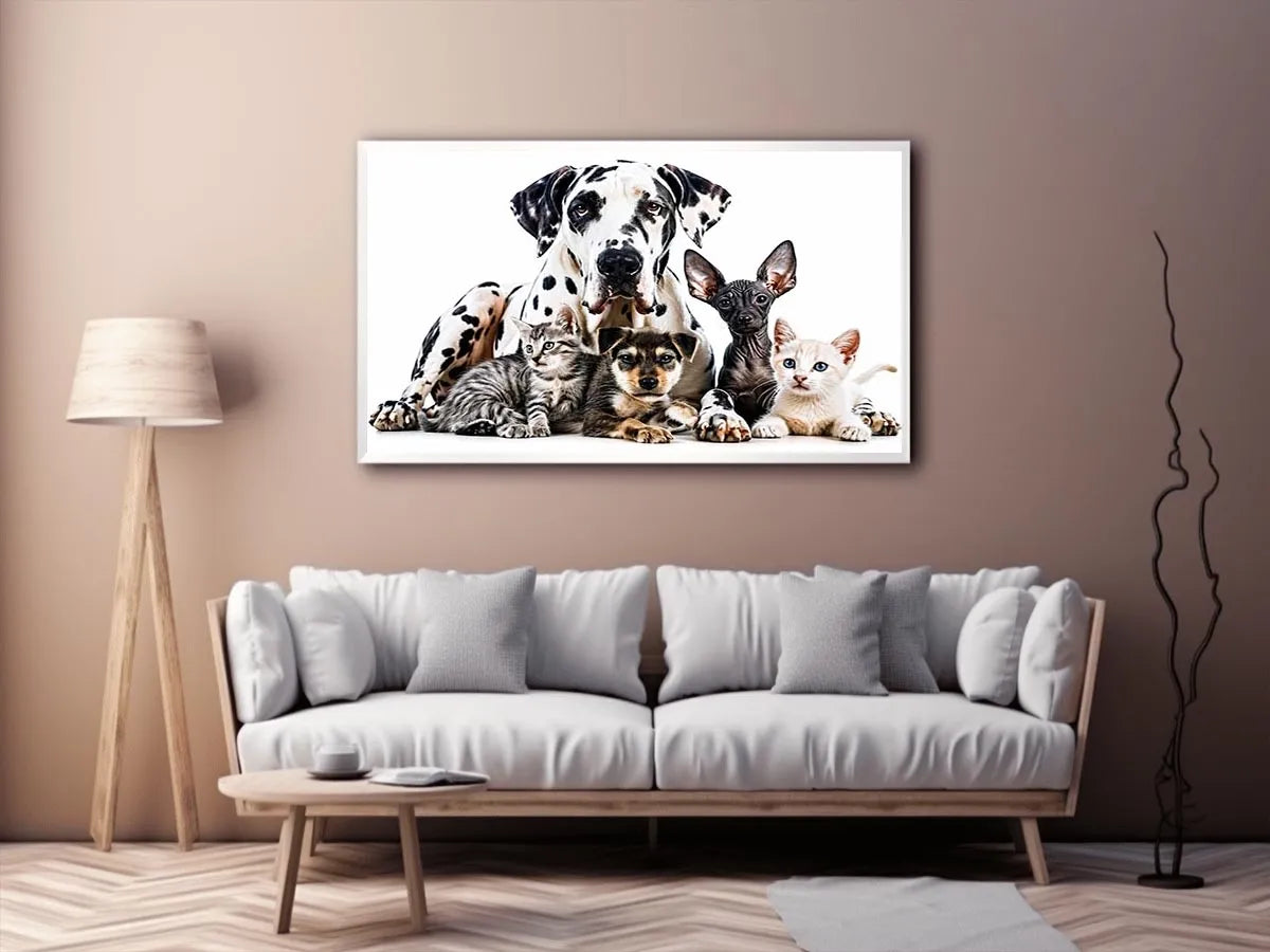 Modern pet canvas art with Great Dane, puppies, and kittens for stylish living room decor.
