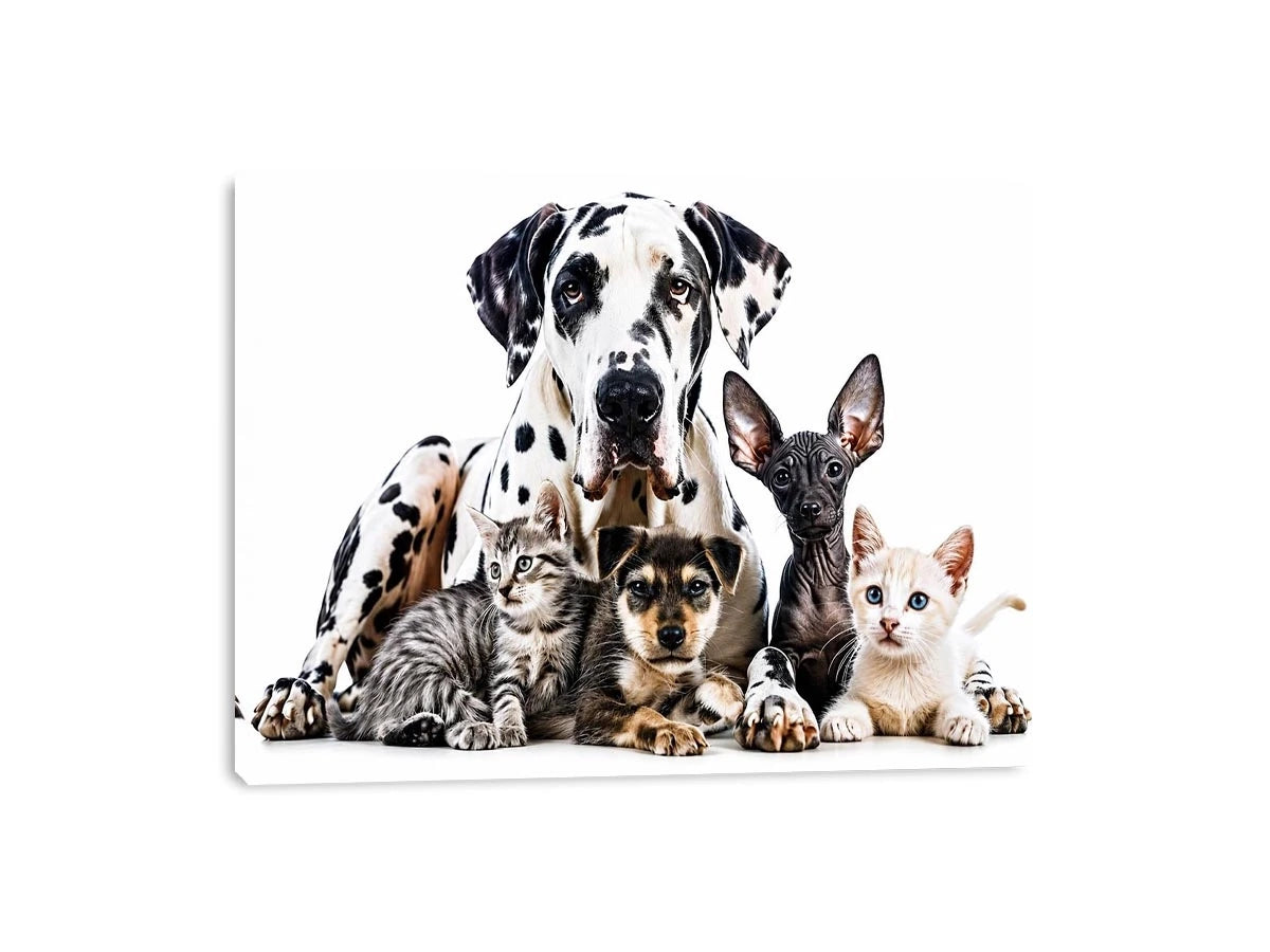 Modern pet canvas art with Great Dane, puppies, and kittens for stylish living room decor.