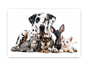 Modern pet canvas art with Great Dane, puppies, and kittens for stylish living room decor.