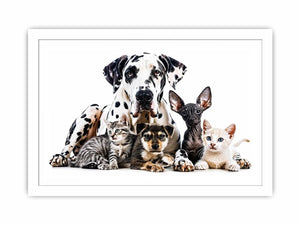 Modern pet canvas art with Great Dane, puppies, and kittens for stylish living room decor.