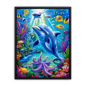 Colorful dolphin ocean canvas art with tropical fish for nursery or coastal living room decor.