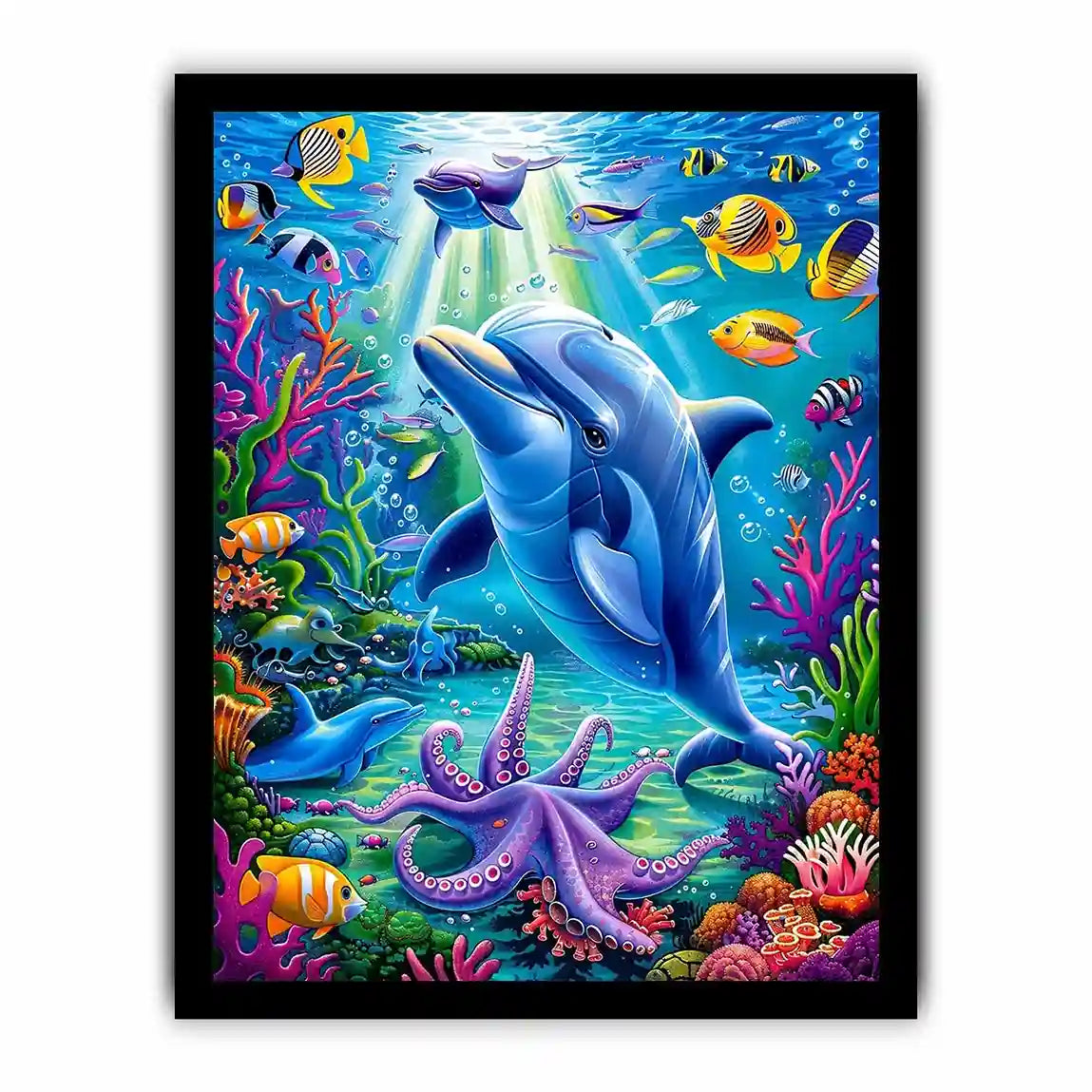 Colorful dolphin ocean canvas art with tropical fish for nursery or coastal living room decor.