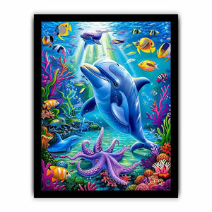 Colorful dolphin ocean canvas art with tropical fish for nursery or coastal living room decor.
