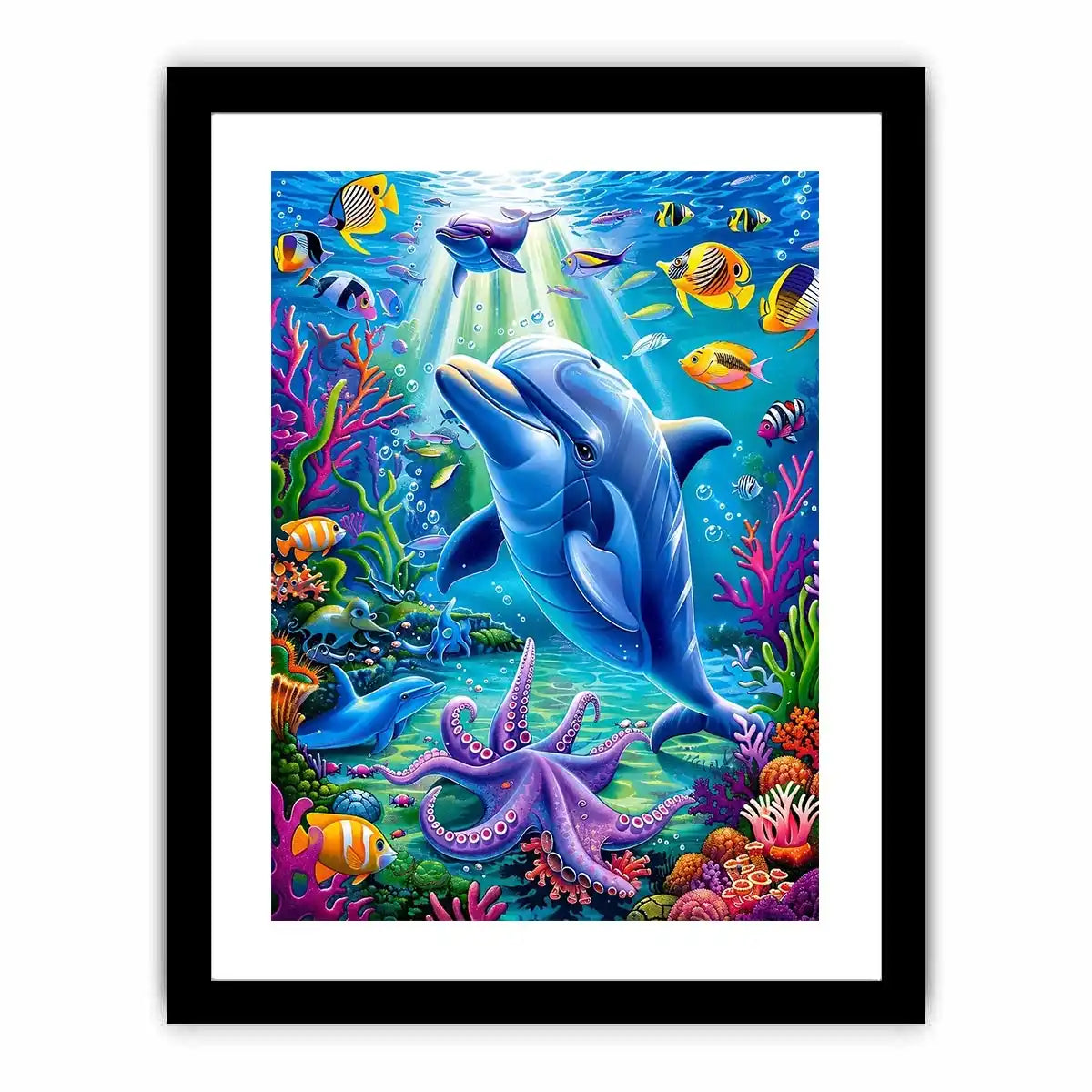 Colorful dolphin ocean canvas art with tropical fish for nursery or coastal living room decor.