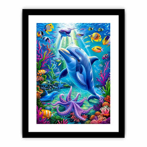 Colorful dolphin ocean canvas art with tropical fish for nursery or coastal living room decor.