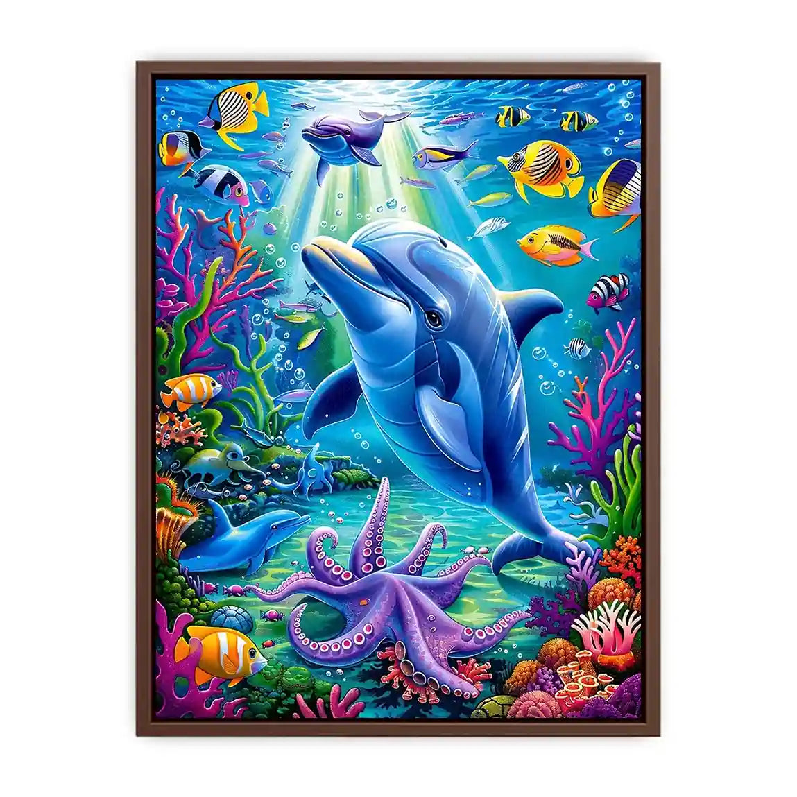 Colorful dolphin ocean canvas art with tropical fish for nursery or coastal living room decor.
