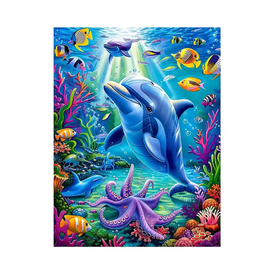 Colorful dolphin ocean canvas art with tropical fish for nursery or coastal living room decor.