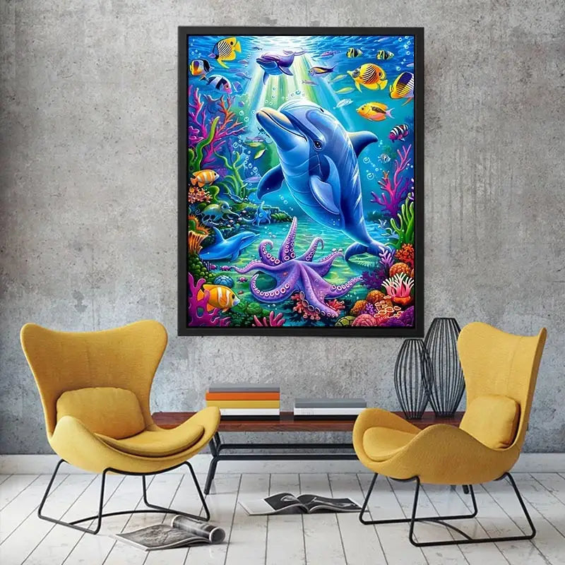 Colorful dolphin ocean canvas art with tropical fish for nursery or coastal living room decor.