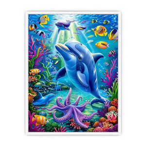 Colorful dolphin ocean canvas art with tropical fish for nursery or coastal living room decor.