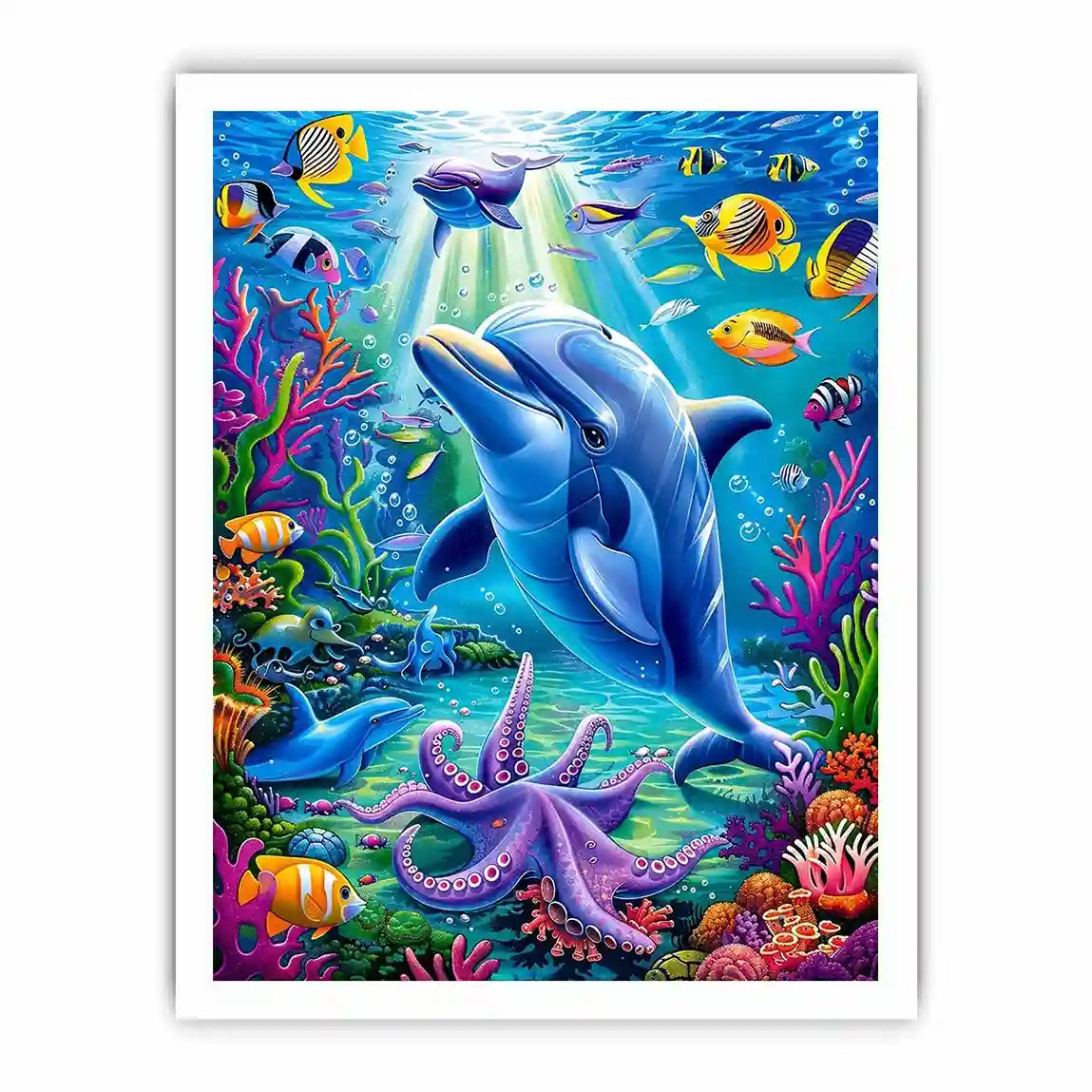 Colorful dolphin ocean canvas art with tropical fish for nursery or coastal living room decor.