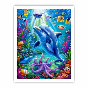 Colorful dolphin ocean canvas art with tropical fish for nursery or coastal living room decor.