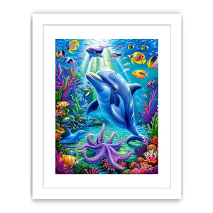 Colorful dolphin ocean canvas art with tropical fish for nursery or coastal living room decor.