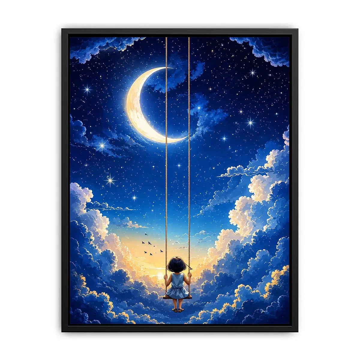 Dreamy moon and cloud canvas art with child on swing for serene bedroom or nursery decor.