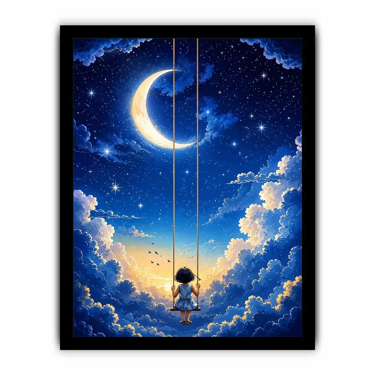 Dreamy moon and cloud canvas art with child on swing for serene bedroom or nursery decor.