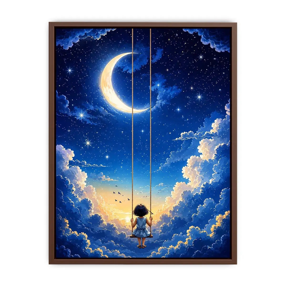 Dreamy moon and cloud canvas art with child on swing for serene bedroom or nursery decor.